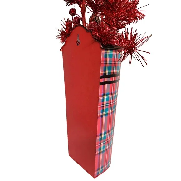 Mackenzie Childs Red Tartan Metal Bucket Wall Vase Holidays Plaid NIB Retired - Picture 7 of 8